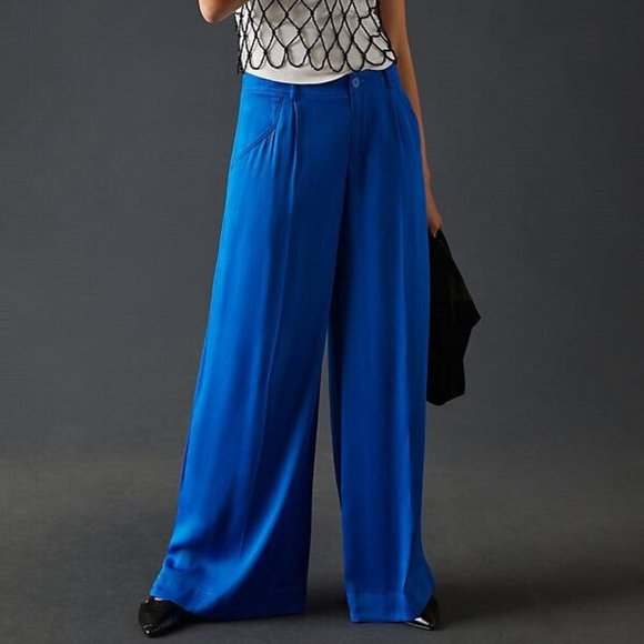 New Anthropologie 12 Low-Rise Pleated Wide Leg Trousers Pants Satiny Satin Blue